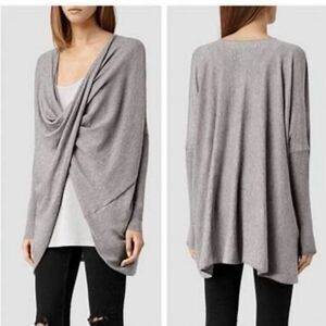All Saints Itat Reversible Twist Shrug Poncho Cardigan Sweater Gray Marl Size M